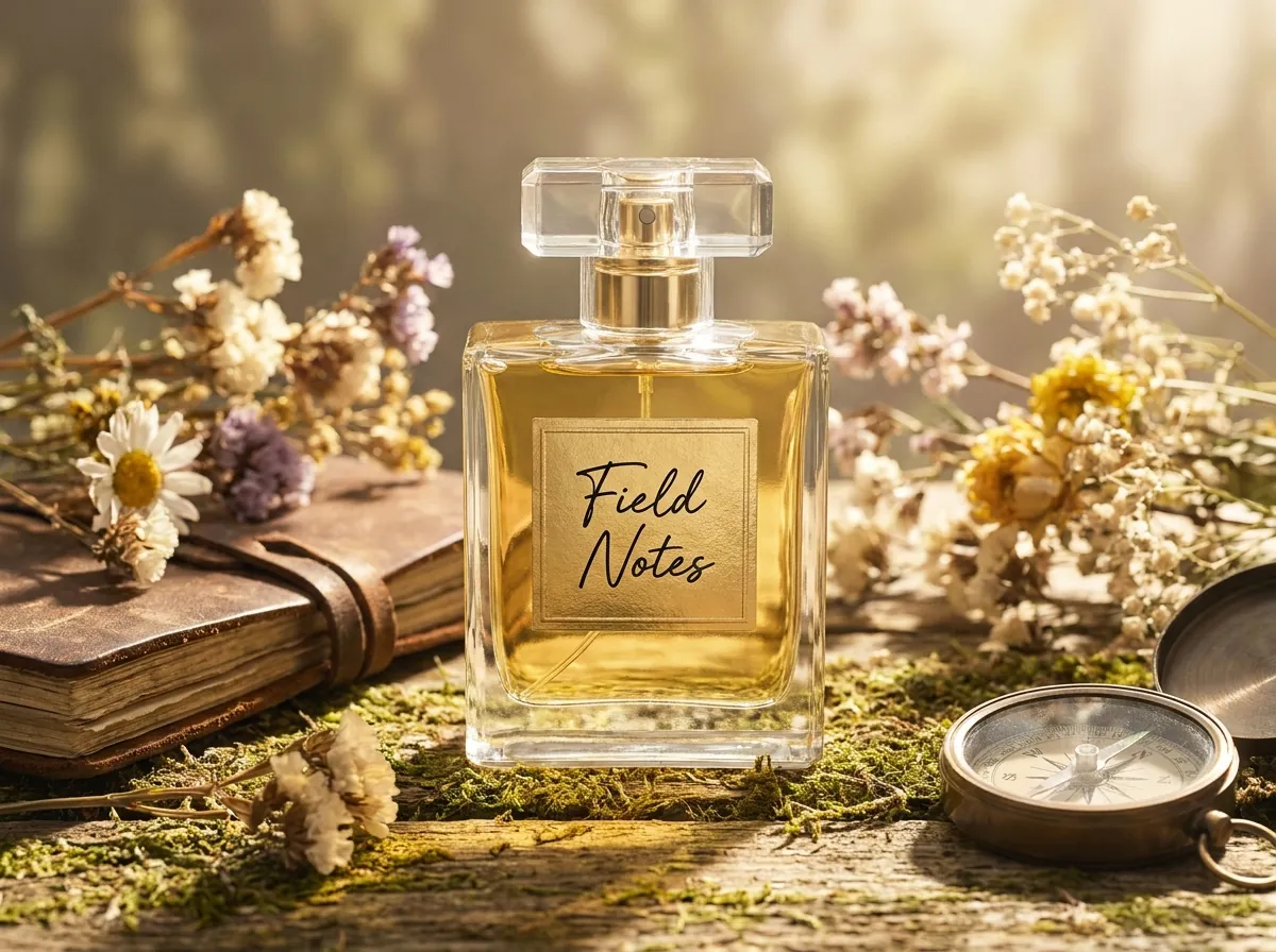Field Notes fragrance bottle with flowers, a journal, and a compass